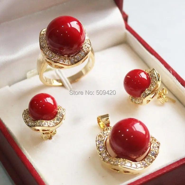 10mm & 14mm Red Shell Pearl Earrings Necklace Ring Set - Size 7 8 9