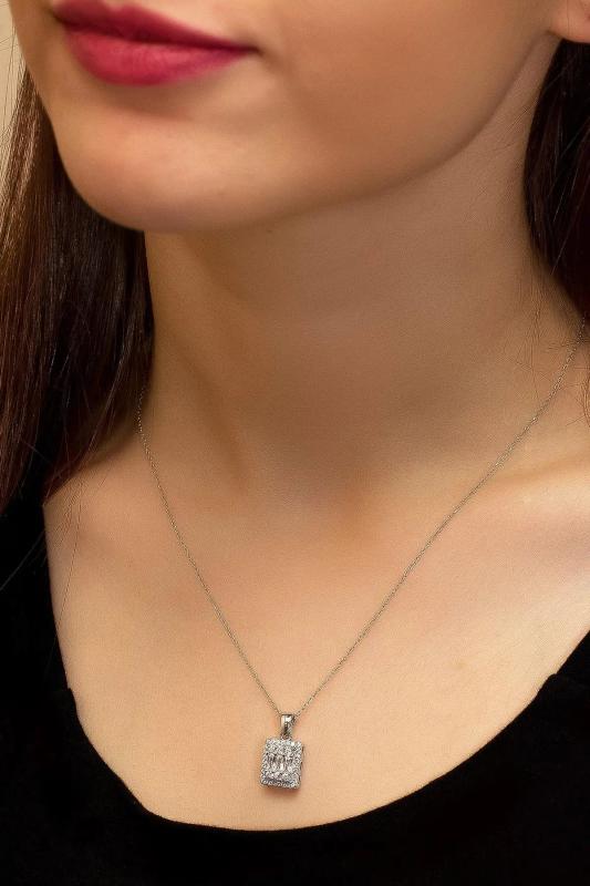 925 Silver Baguette Stone Diamond Pendant Necklace For Women