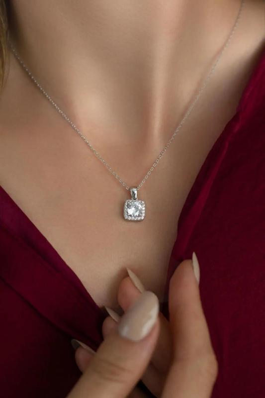 925 Silver Baguette Diamond Square Pendant Necklace for Women