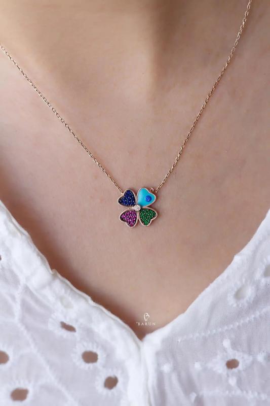 Colorful Enamel Evil Eye Necklace, Sterling Silver 4 Leaf Clover Necklace