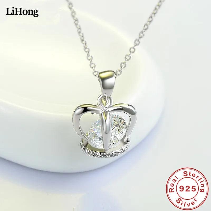 925 Silver Crown Zircon Pendant Necklace Women Jewelry