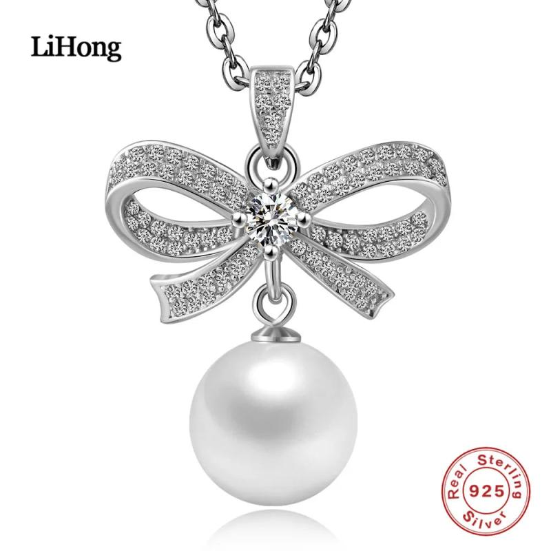 925 Silver Bowknot Necklace Pearl Pendant Wedding Jewelry