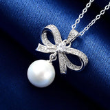 925 Silver Bowknot Necklace Pearl Pendant Wedding Jewelry