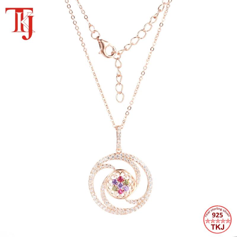 925 Silver Zircon Ruby Flower Pendant Necklace For Women