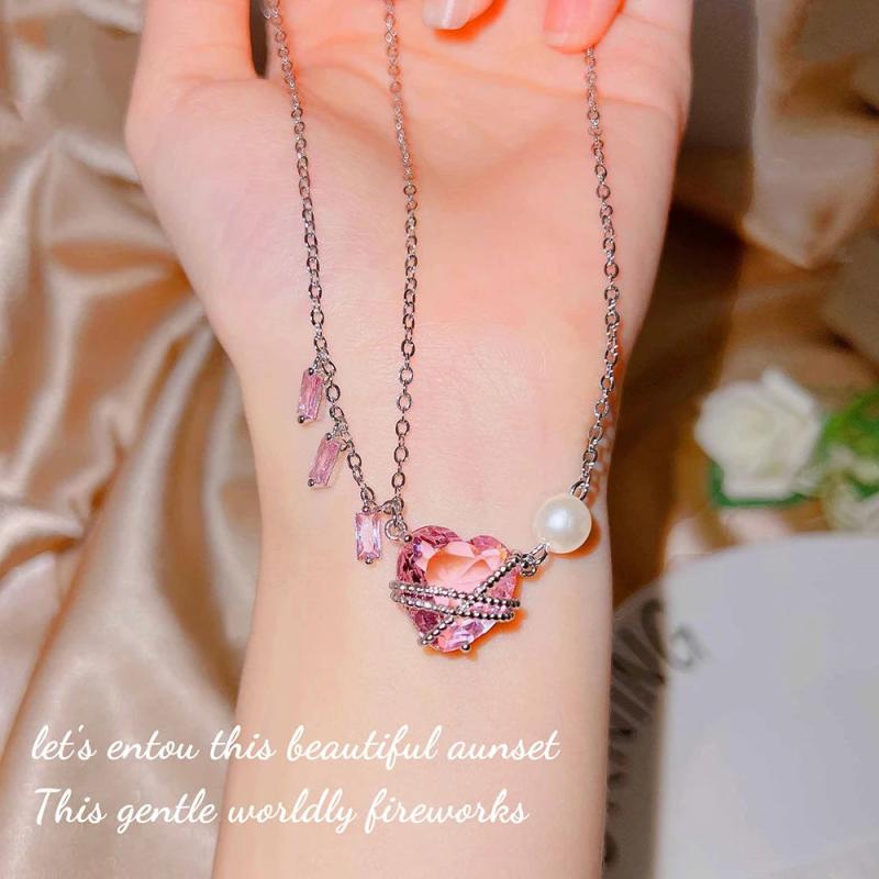 Pink Zircon Heart Necklace for Women