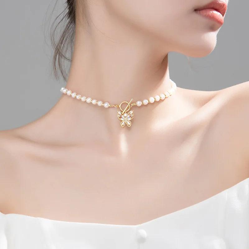 925 Silver Pearl Necklace Butterfly Pendant Women Party Gift Jewelry