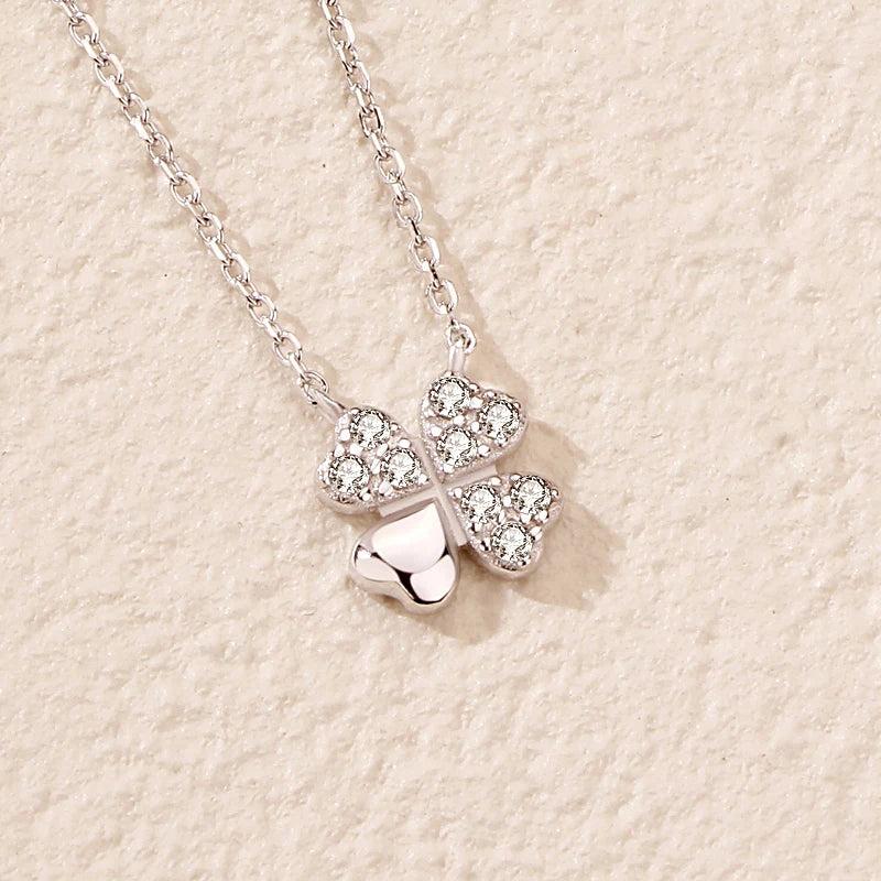 925 Silver Four Leaf Clover Necklace Zircon Women's Pendant