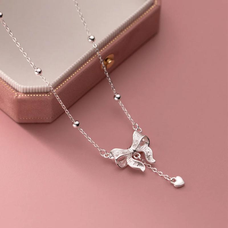 925 Silver Bowknot Chain Pendant Necklace Heart Tassel Fine Jewelry