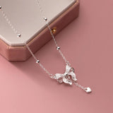 925 Silver Bowknot Chain Pendant Necklace Heart Tassel Fine Jewelry