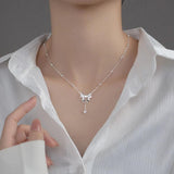 925 Silver Bowknot Chain Pendant Necklace Heart Tassel Fine Jewelry