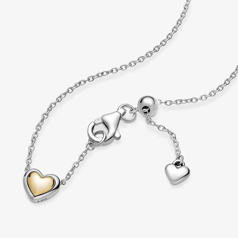 Golden Heart Collier Necklace 925 Sterling Silver Chain Jewelry