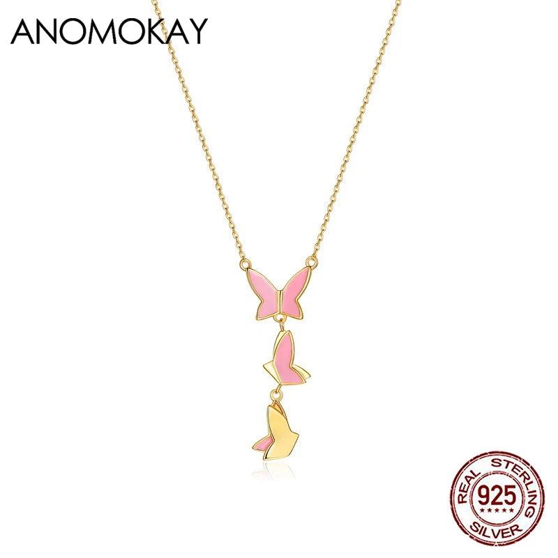 Pink Enamel Butterfly Chain Link Pendant Necklace, 925 Sterling Silver