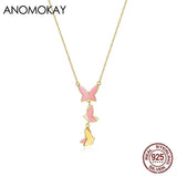 Pink Enamel Butterfly Chain Link Pendant Necklace, 925 Sterling Silver