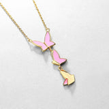 Pink Enamel Butterfly Chain Link Pendant Necklace, 925 Sterling Silver
