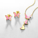 Pink Enamel Butterfly Chain Link Pendant Necklace, 925 Sterling Silver