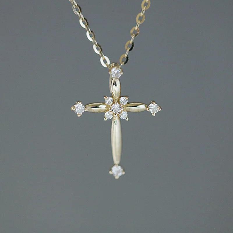 925 Silver Cross Pendant Necklace Zircon Flower Mini Jewelry