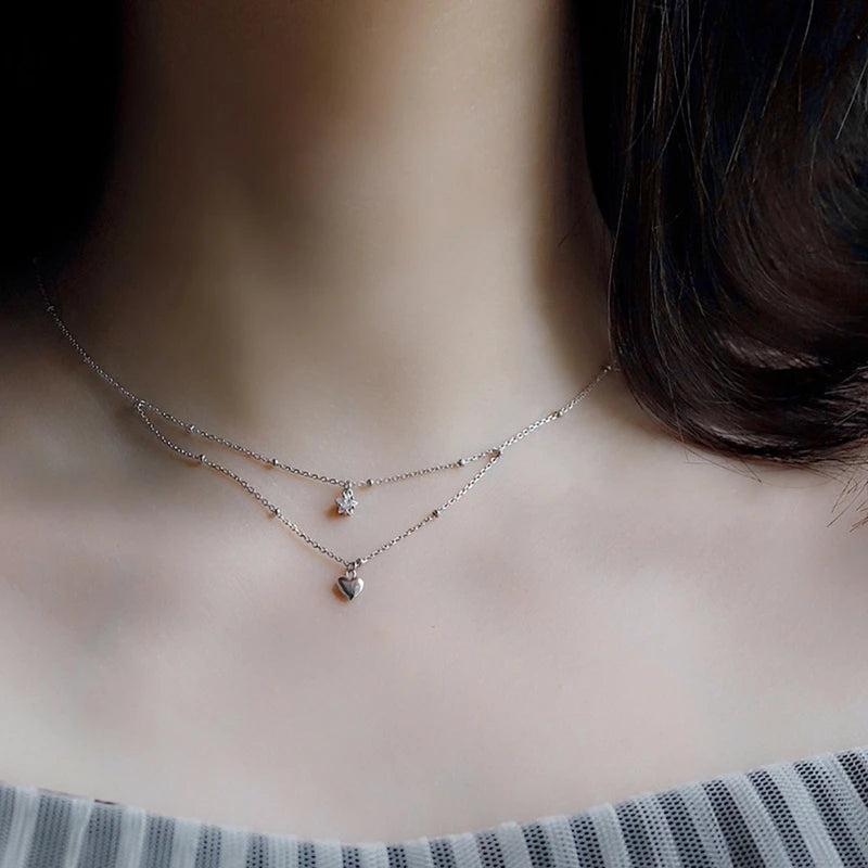 925 Silver Double Layer Star Heart Necklace Zircon Pendant