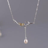 925 Silver Branch Bird Pendant Necklace Freshwater Pearl Tassel Choker
