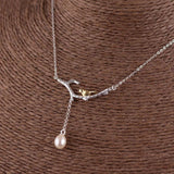 925 Silver Branch Bird Pendant Necklace Freshwater Pearl Tassel Choker