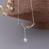 925 Silver Branch Bird Pendant Necklace Freshwater Pearl Tassel Choker