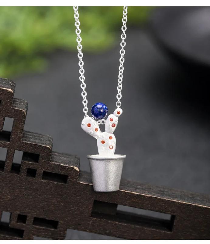 925 Silver Lapis Lazuli Cactus Pendant Necklace Chinese Style XL024