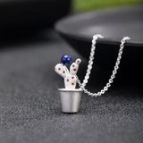 925 Silver Lapis Lazuli Cactus Pendant Necklace Chinese Style XL024