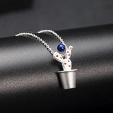 925 Silver Lapis Lazuli Cactus Pendant Necklace Chinese Style XL024