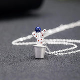 925 Silver Lapis Lazuli Cactus Pendant Necklace Chinese Style XL024