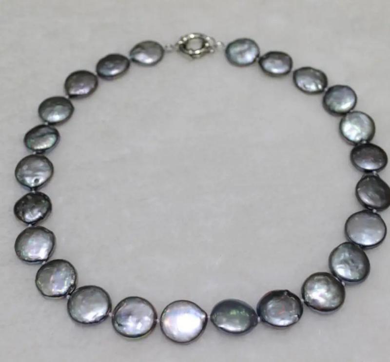 Coin Shape Gray Freshwater Pearl Necklace 13-15mm 17INCH