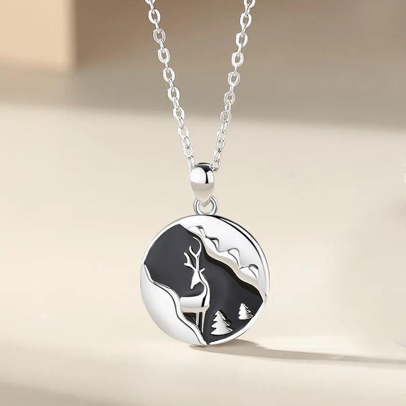 Sterling Silver Couple Pendant Necklaces Deer and Galaxy Jewelry