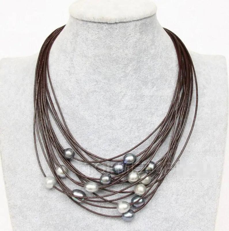 Big Gray Pearls Wine Red Leather Necklace