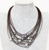 Big Gray Pearls Wine Red Leather Necklace
