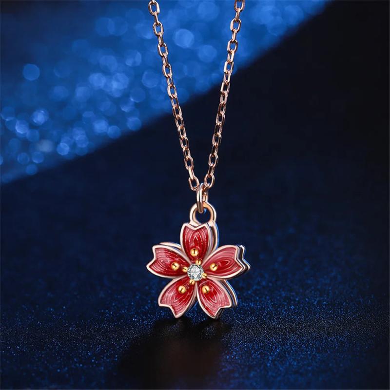 Mistletoe 925 Sterling Silver Enamel Cherry Blossoms Necklace