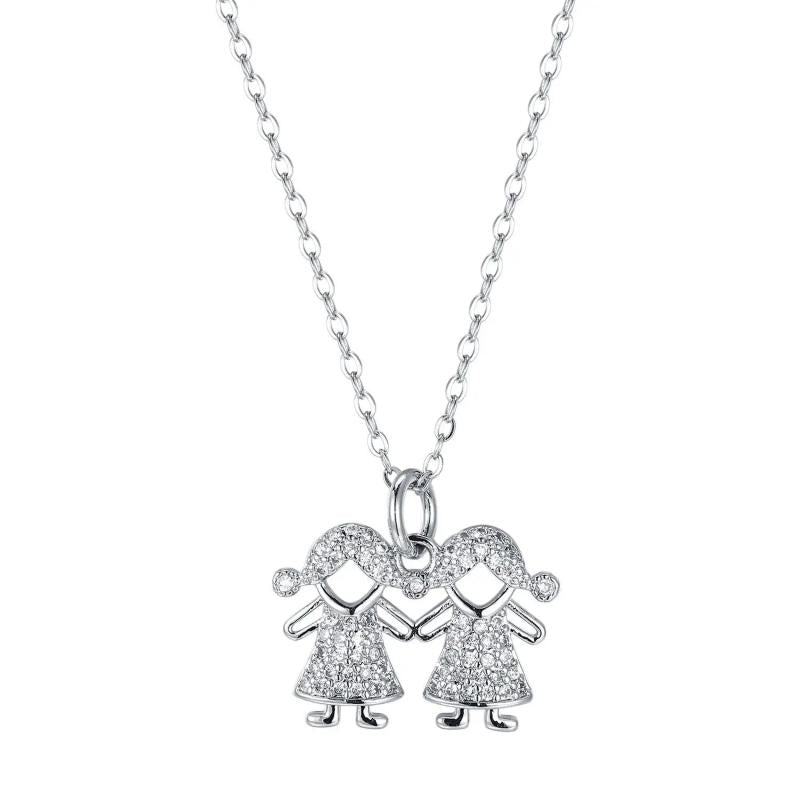 925S Silver Braid Double Girls Diamond Pendant Necklace