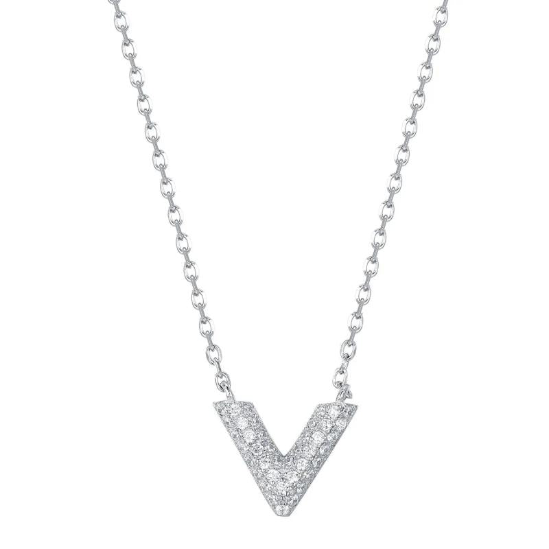 925 Silver Small V-shaped Diamond Pendant Necklace for Women