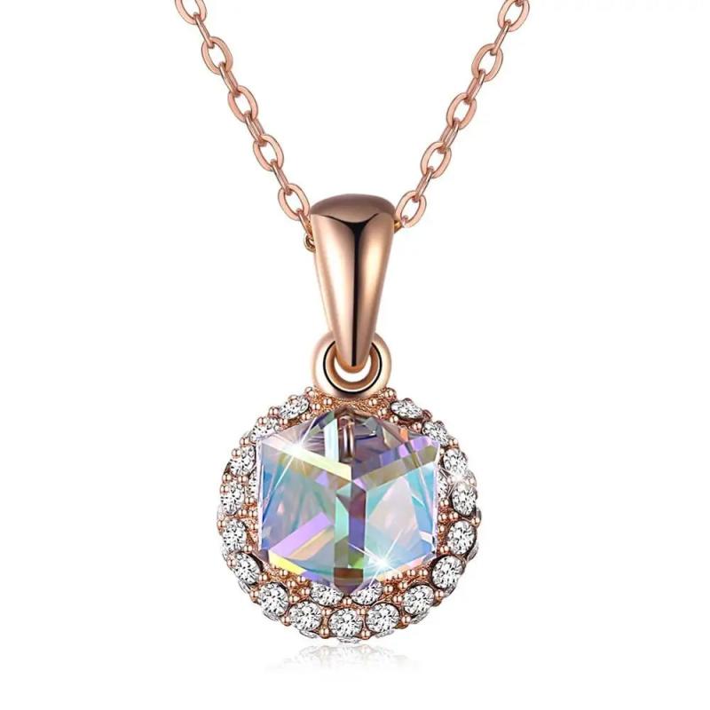 925 Silver Necklace Women Sugar Cube Crystal Pendant CZ Lady Charm Party Jewelry