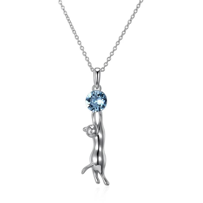 Sterling Silver 925 Kitty Cat Chasing Crystals Ball Pendant Necklaces