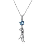 Sterling Silver 925 Kitty Cat Chasing Crystals Ball Pendant Necklaces