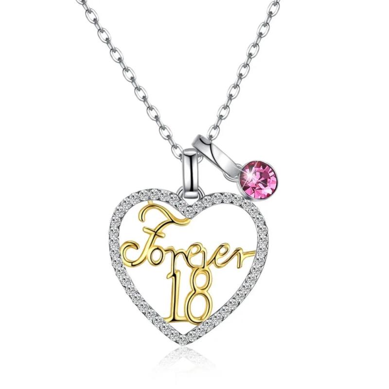 S925 Crystal Heart Forever 18 Pendant 925 Silver Necklace Lady Party Wear
