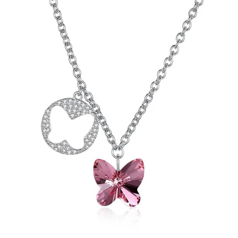 S925 Pink Crystal Butterfly Pendant Necklace 925 Sterling Silver Lady Party Wear