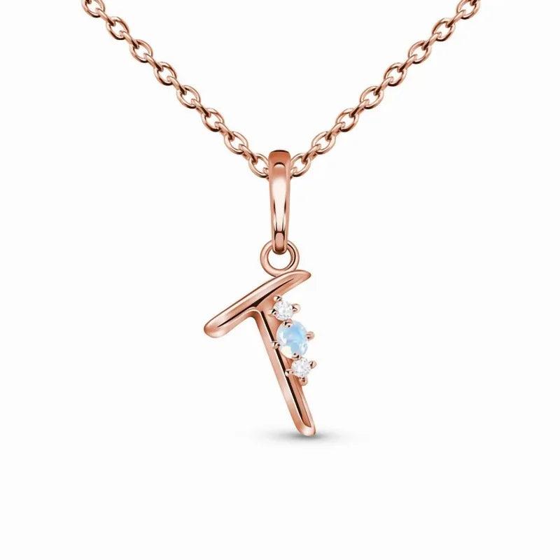 S925 Sterling Silver Letter T Moonstone Pendant Necklace
