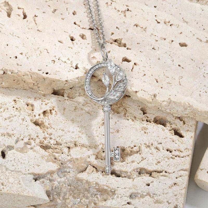 925 Silver Key Necklace with Zircon Pendant High Quality