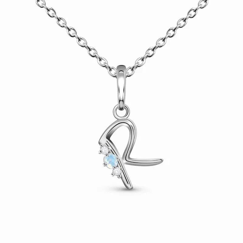 S925 Silver Letter R Moonstone Pendant Necklace Women's Jewelry