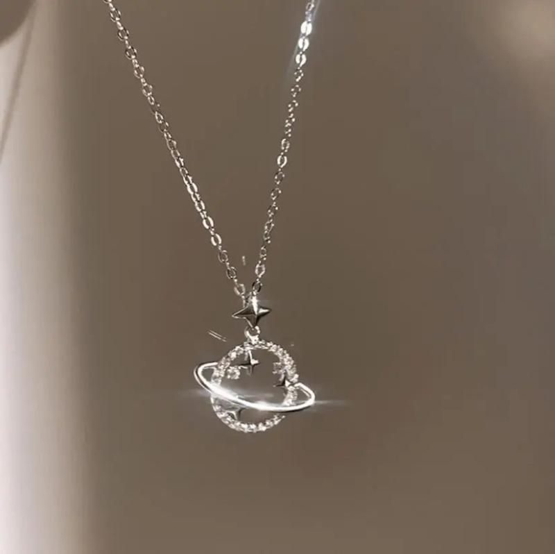 925 Sterling Silver Women Collarbone Necklace Planet Star Zircon Pendant Chain