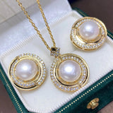 Natural Pearl Jewelry Set 10mm Freshwater Pearl Necklace Earrings Ring Pendant
