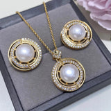 Natural Pearl Jewelry Set 10mm Freshwater Pearl Necklace Earrings Ring Pendant