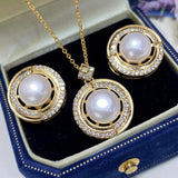 Natural Pearl Jewelry Set 10mm Freshwater Pearl Necklace Earrings Ring Pendant