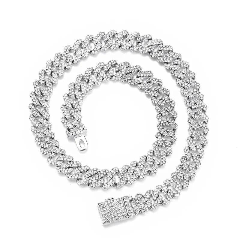 Hip Hop Full Diamond Necklace 12mm Cuban Chain Band Diamond Male Punk
