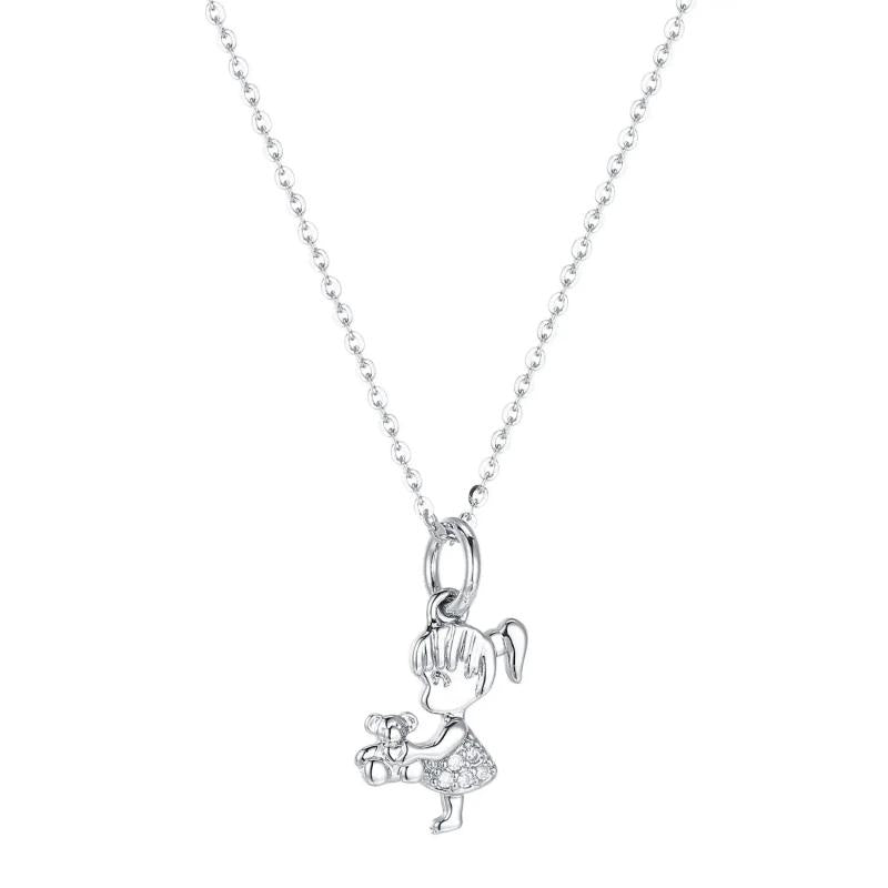 925s Silver Bear Girl & Bear Diamond Pendant Collarbone Chain Necklace