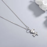 925s Silver Bear Girl & Bear Diamond Pendant Collarbone Chain Necklace
